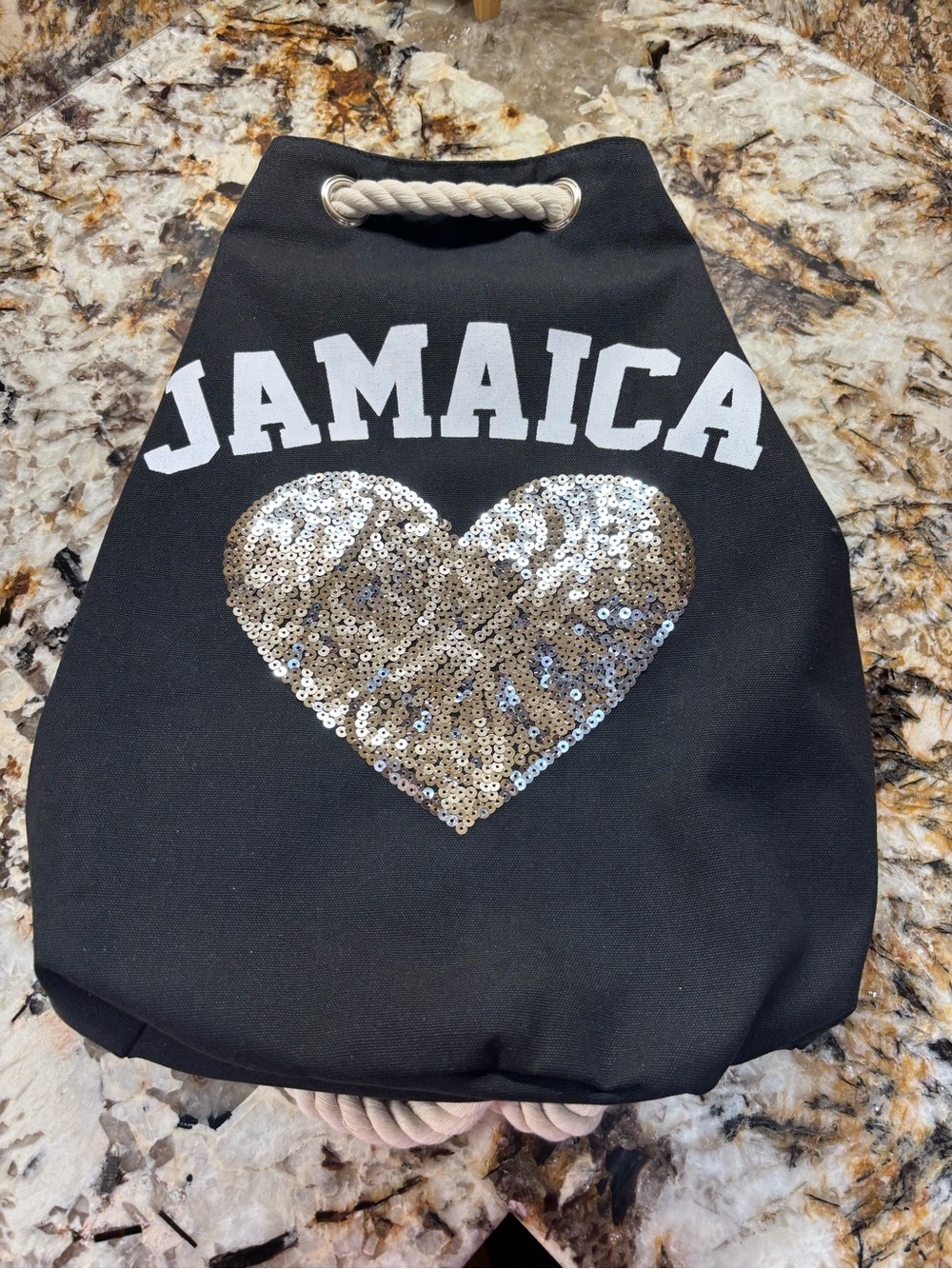 🇯🇲 Black Jamaica Sequin Heart Rope-Handle Tote